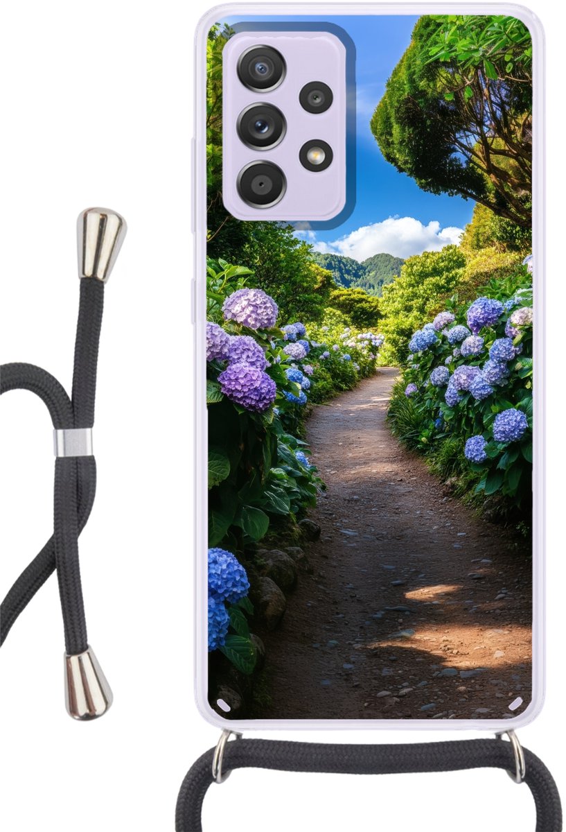 Telefoonhoesje Geschikt voor Samsung Galaxy A53 5G - Hortsensia - Pad - Bloemen - Siliconen - Crossbody - Backcover met Koord - Telefoonhoesje met koord - Hoesje met touw Telefoonhoesje