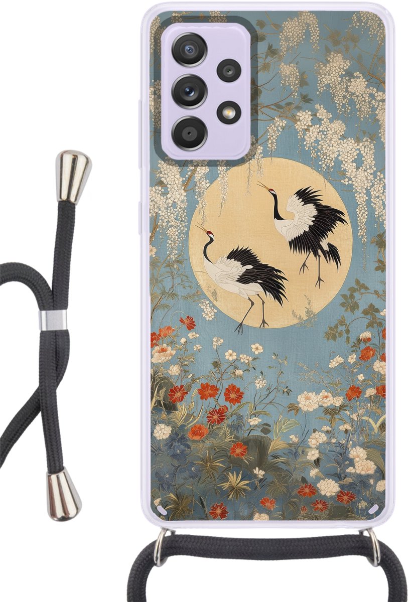 Telefoonhoesje Geschikt voor Samsung Galaxy A53 5G - Kraanvogels - Maan - Bloemen - Blauw - Siliconen - Crossbody - Backcover met Koord - Telefoonhoesje met koord - Hoesje met touw Telefoonhoesje