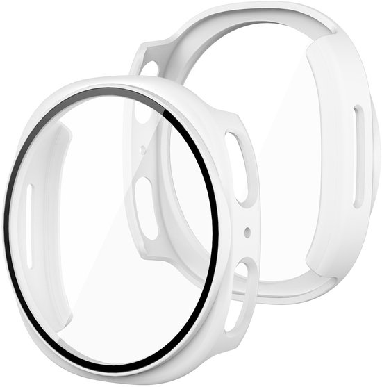Witte smartwatch case met glazen schermprotector, gescheiden van de band.
