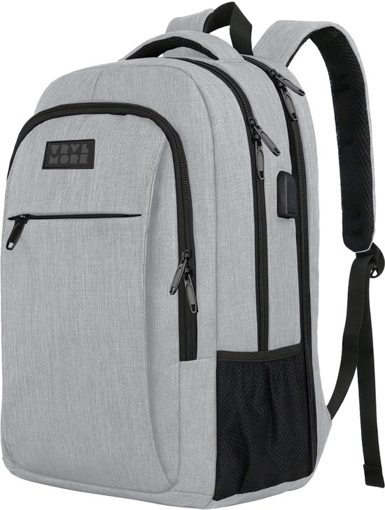 TRVLMORE Rugtas - 36L - 17,3 Inch - Laptop Rugzak met USB - Schooltas - Heren en Dames - Tas - Levenslange Garantie - Grijs