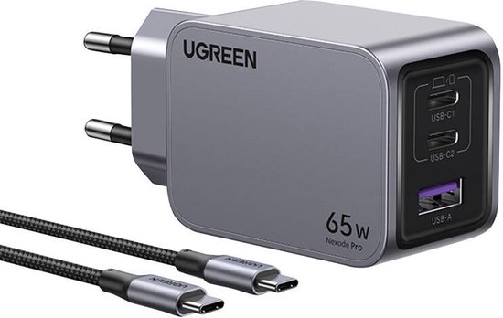 Ugreen Nexode Pro 65W USB-C Wandlader Snellader 3 Poorten USB-C + USB-A Met 1,5m Kabel Zwart