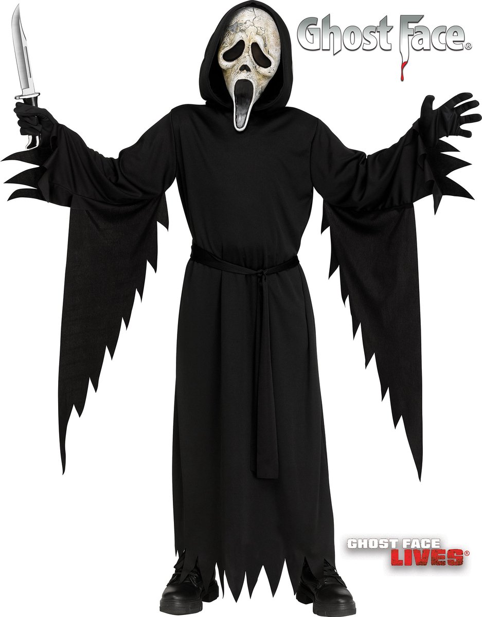 Fun World Ghost Face Kinder Kostuum Scream Masker Kostuum Horror Verkleedkleding Kind Halloween Kleding Carnaval Carnavalskleding Kind - Officiële Licentie - 3-Delig Gewaad/Riem/Masker - Unisex - Maat 12-14 Jaar