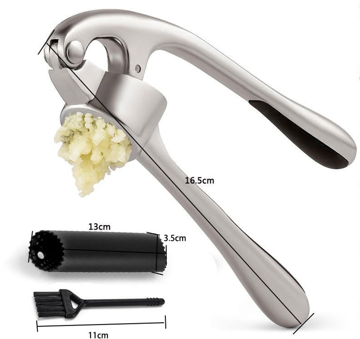 Premium knoflookpersset - roestbestendig en vaatwasserbestendig, professionele knoflookpers, gemakkelijk uit te knijpen, gemakkelijk schoon te maken, met zachte siliconen knoflookpeller en borstel (zilver)