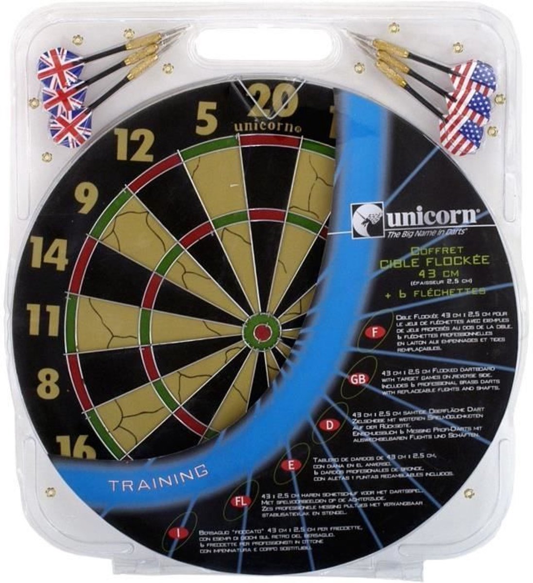Doeldoos - UNICORN - Gevlokt 43 cm met 6 vleugel darts