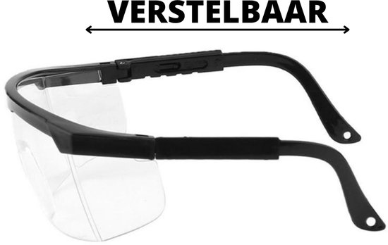 Zwarte veiligheidsbril met heldere glazen. Tekst 'VERSTELBAAR'.