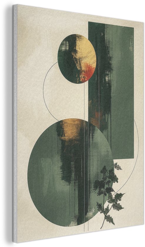 Abstract schilderij met groene cirkels, gouden accenten op crème achtergrond, met takjes, gedetailleerd.