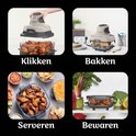 Vier afbeeldingen: aanzet, bakken, serveren en bewaren van voedsel met de Ninja CRISPi.