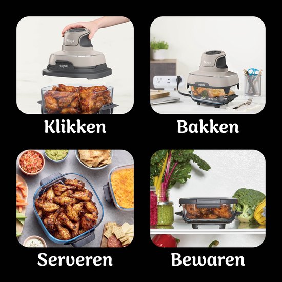 Vier afbeeldingen: aanzet, bakken, serveren en bewaren van voedsel met de Ninja CRISPi.
