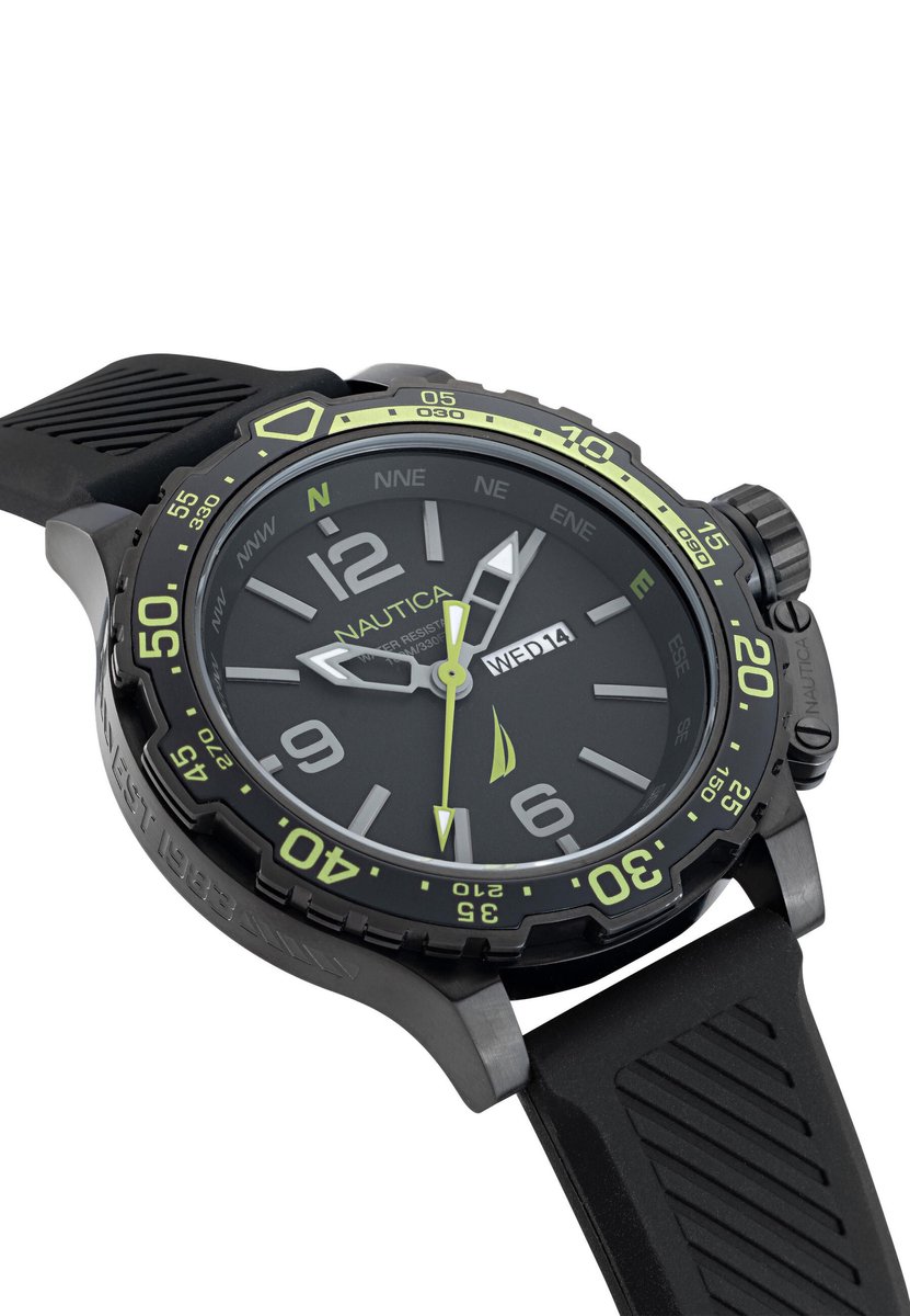 Nautica Glenrock Lagoon Kwarts Analoog Horloge Zwart Case: 100% Stainless Steel | Armband: 100% Silicone 46 mm NAPGLF114