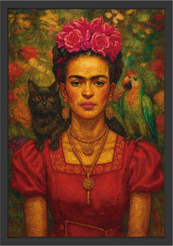 Frida Kahlo met zwarte kat en papegaai op haar schouders, rood jurkje, bloemenkrans.