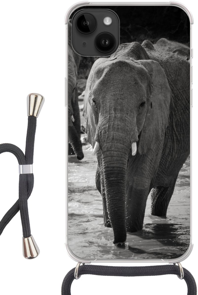 Telefoonhoesje Geschikt voor Apple Iphone 14 Max - Olifant - Dieren - Water - Zwart wit - Siliconen - Crossbody - Backcover met Koord - Telefoonhoesje met koord - Hoesje met touw Telefoonhoesje