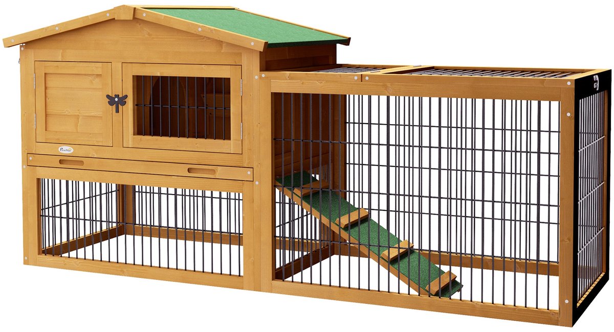Merax Konijnenhok Met Ren 2 Verdiepingen 150x52x68 cm – Buitenhok Hout Geel – Winterproof Dierenverblijf Voor Konijnen Cavia’s en Kleindieren