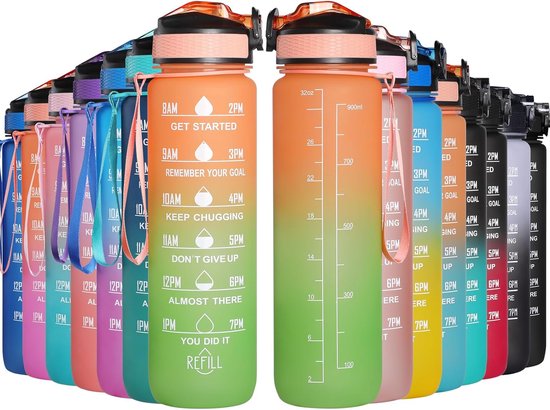 Drinkfles, 1,5 liter, lekvrije sportfles, motiverende waterfles, met tijdweergave, met filter, gemakkelijk te openen, waterfles voor volwassenen, school, fietsen