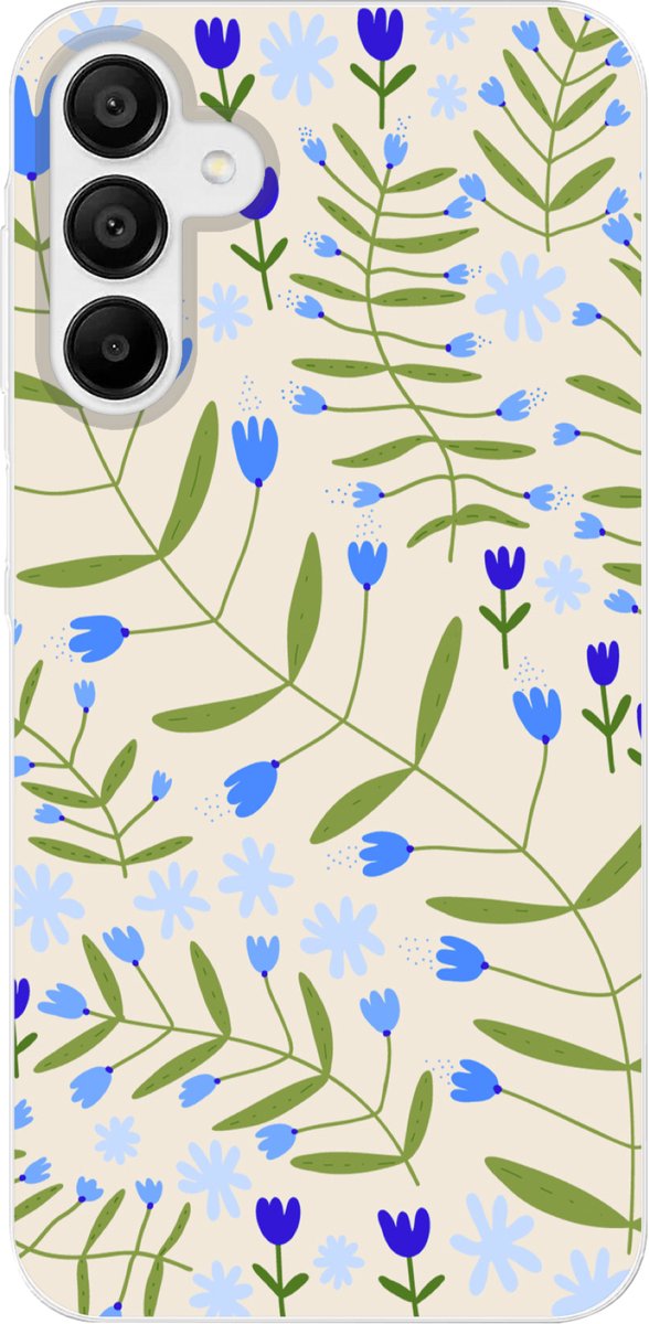 Telefoonhoesje Geschikt voor Samsung Galaxy A15 5G hoesje - Bloem - Bladeren - Blauw - Siliconen Telefoonhoesje Telefoonhoesje