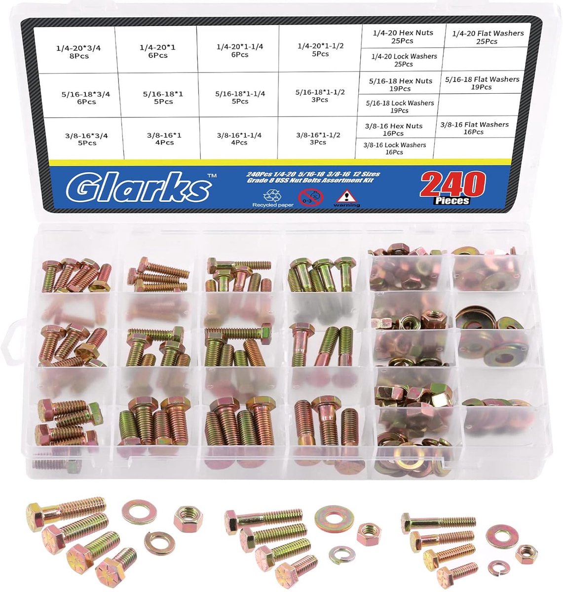 240pcs Grade 8 Coarse Thread Hex Bolts - Nuts - Screws - Washers Assortment Kit - 1/4-20 - 5/16-18 - 3/8-16 Inch - 12 Size Hex Head Cap Screws en Hex Nuts - Flat Washers - Lock Washers Set