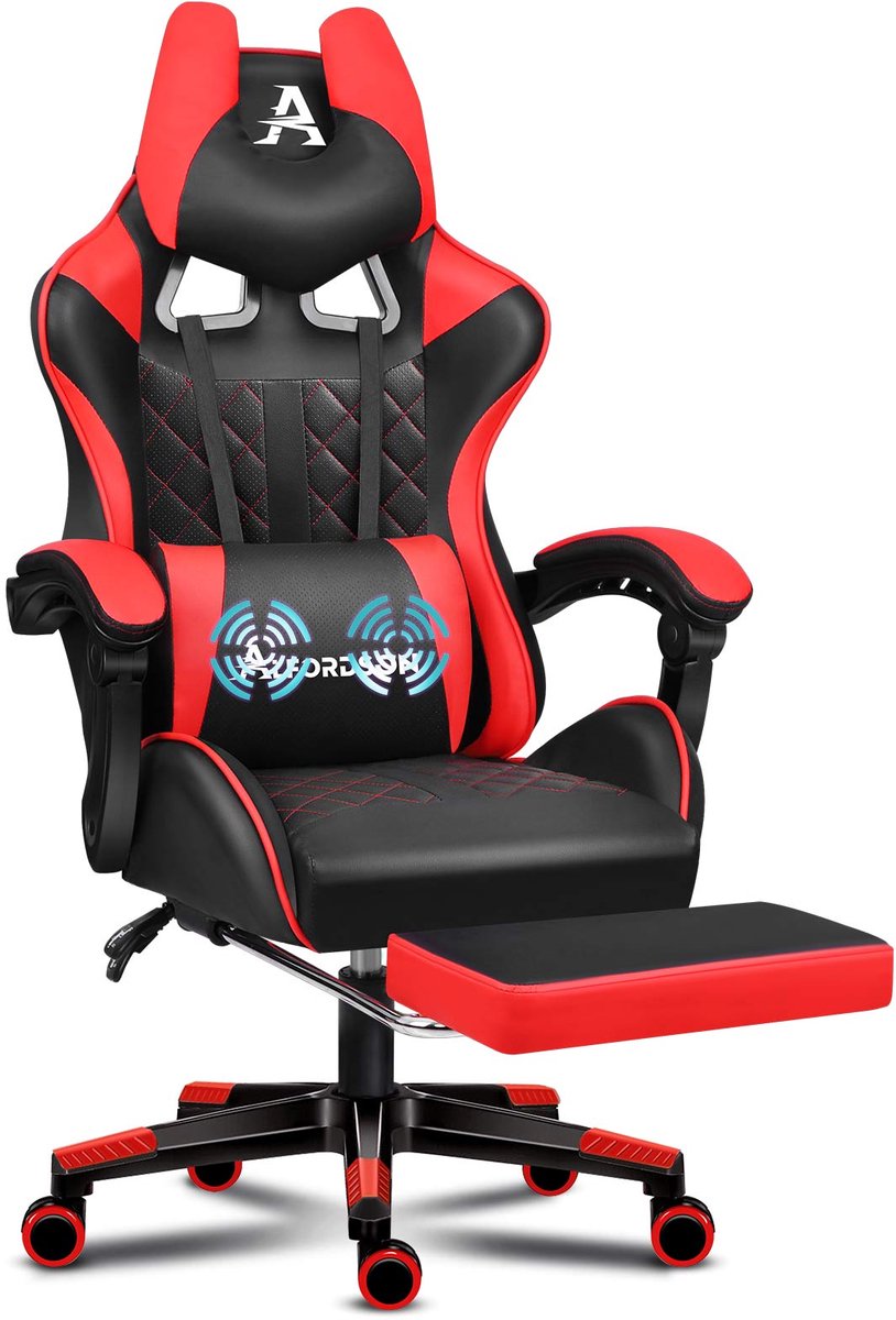 ALFORDSON Gaming-Stuhl Bürostuhl, Integrierte Fußstütze, mit Lendenwirbelkissen 154° Neigungsverstellung, PU-Ledersitz mit hoher Rückenlehne