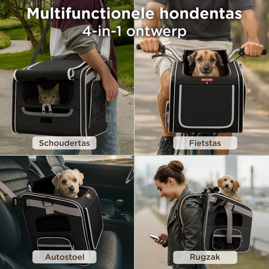 Trevopet® - Fietsmand hond - Hondenmand fiets - Hondenfietsmand Elektrische Fiets - Hondenfietsmand - Fietsmand Hond Voorop - 4-in-1 Draagtas, Rugzak, Fietsmand, Autostoel - Voor Honden tot 8 kg - Met Binnenriem & Zachte Voering - Zwart van Trevopet — afbeelding 2