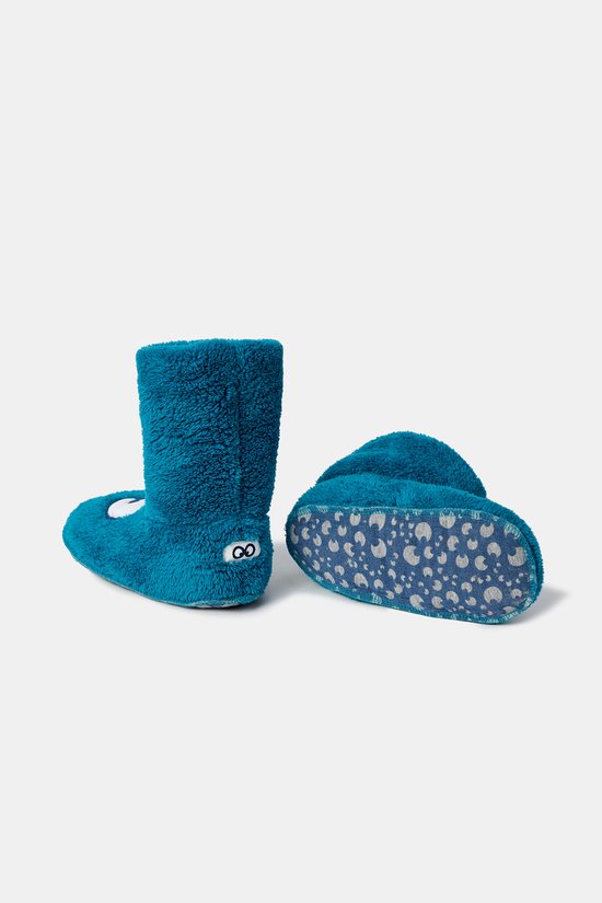 Blauwe Woody sloffen met zachte textuur en antislipzool met grijs stippenpatroon.
