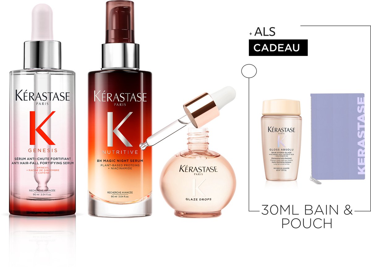 Kérastase Genesis, Nutritive & Gloss Absolu Trio + 2 Cadeau's - Genesis Haarserum 90ml, Nutritive 8H Magic Night Nachtserum 90ml & Glaze Drops Haarolie 45ml + Shampoo 30ml & Flatpouch Cadeau - Anti-haaruitval, Anti-Frizz en Voeding voor droog haar