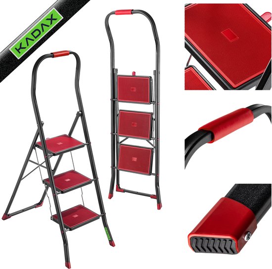 Collage van een zwarte en rode opklapbare ladder met rode treden, inclusief close-ups van de treden en de handgreep.