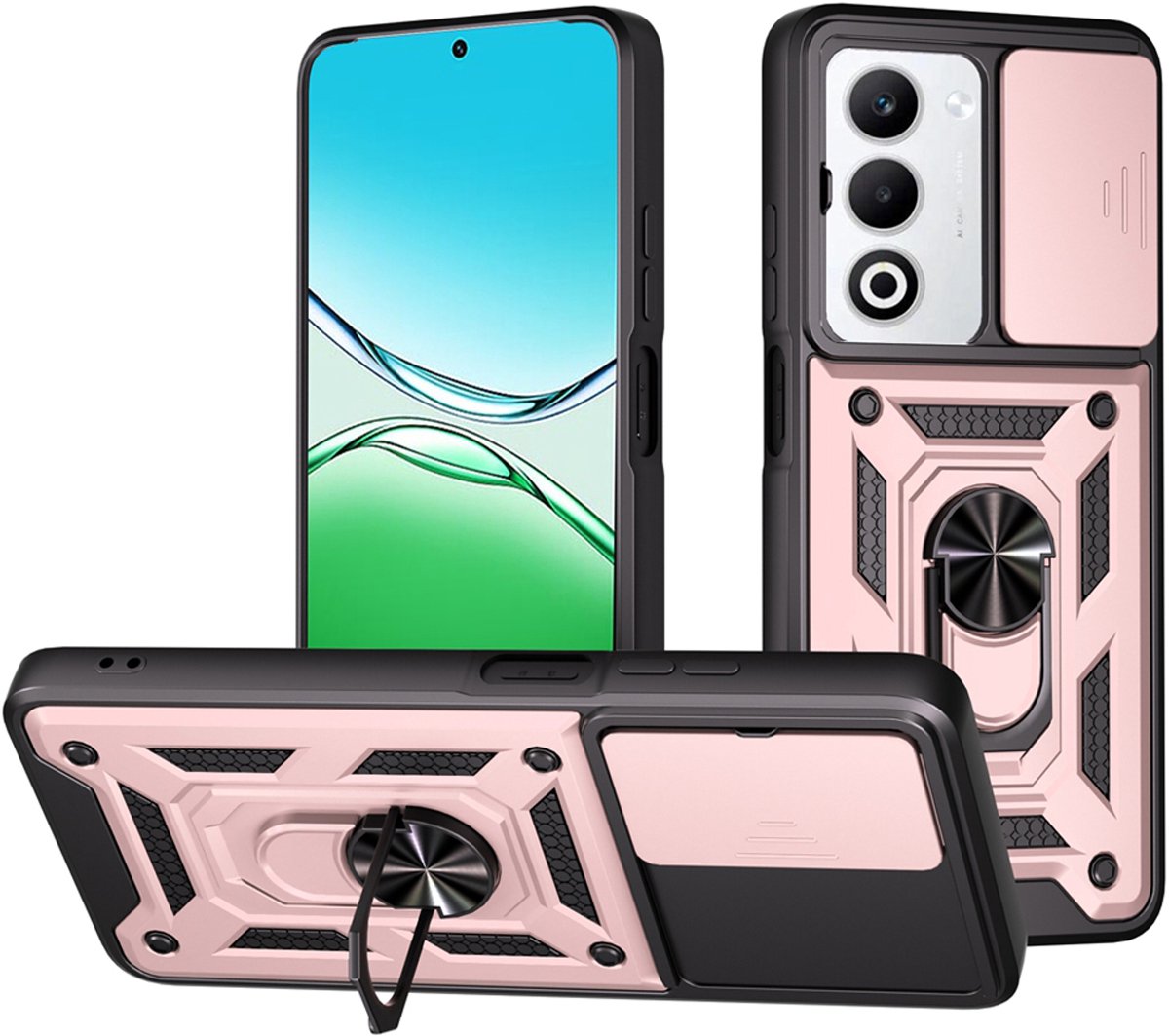 MobyDefend Hoesje - Geschikt voor Oppo A5 5G - Pantsercase Met Draaibare Ring - Rosé
