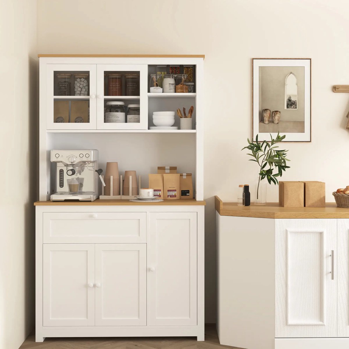 Pugsdrly Keukenkast in landhuisstijl, 1 vitrine, 1 open plank, 1 lade, 2 kasten, naturel + wit