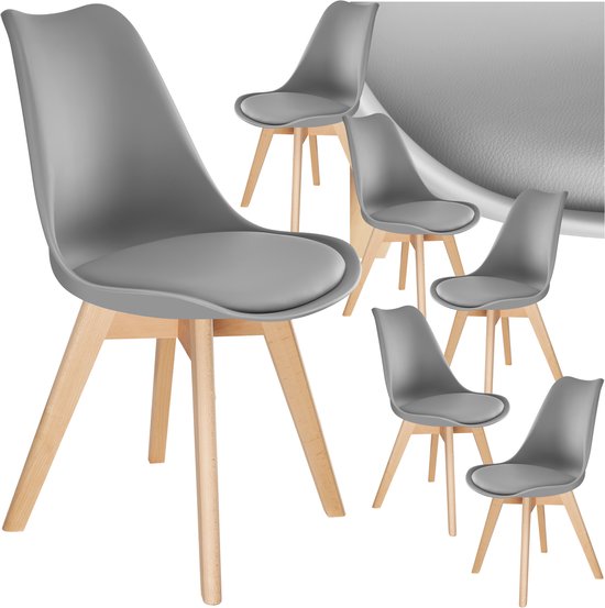 Chaise de salle à manger tectake® Frederikke - Set de 6 Chaises de salle à manger avec assise en Tissus rembourré - Pieds en bois Massief - Chaises ergonomiques pour salon, salle à manger, chambre et Cuisine - Charge maximale 120 kg - Grijs