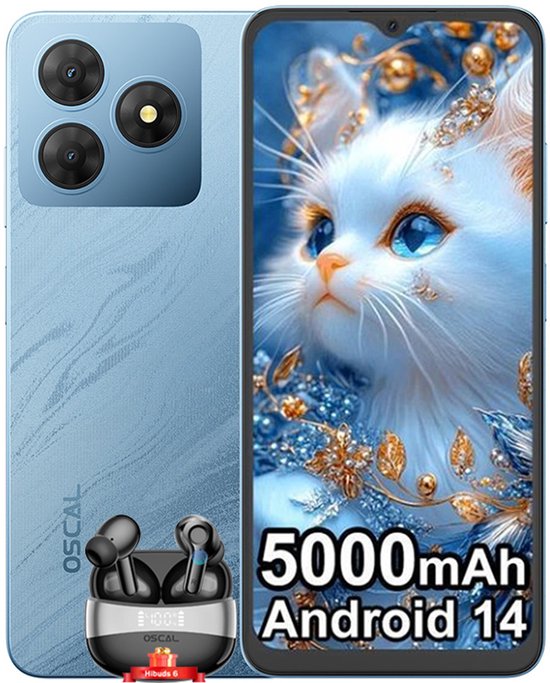 Oscal FLAT 2C Smartphone - 6GB RAM 64GB ROM - 6.56 inch - 5000mAh - Android 14GO - Dual SIM - GPS - Blauw met Bluetooth-headset Oscal Hibuds 6 Zwart