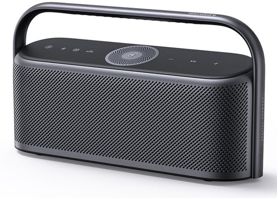 Zwarte Soundcore Motion X600 Bluetooth speaker met een metalen handvat. De speaker heeft een groot rooster aan de voorkant en bedieningsknoppen aan de bovenkant.