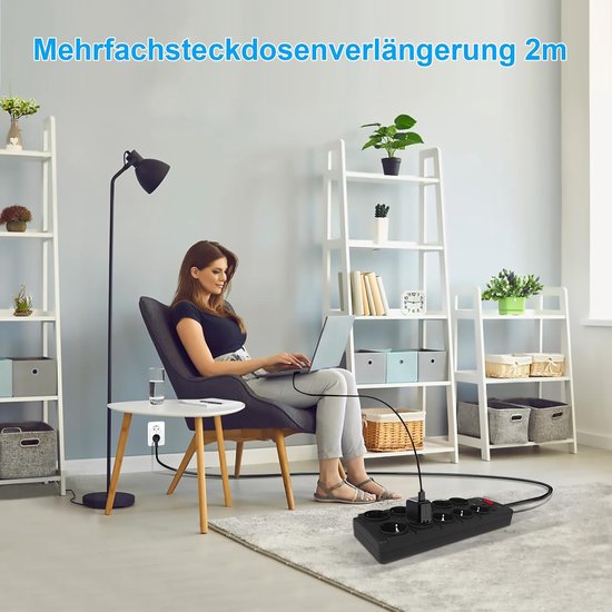 NVEESHOX Stekkerdoos (16 A/4000 W), stekkerdoos met 10 stopcontacten met 4 USB-poorten, stekkerdoos overspanningsbeveiliging en overspanning met schakelaar, 2 m kabel voor thuis, kantoor, zwart