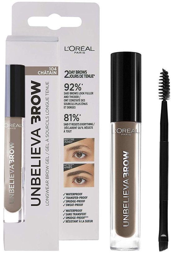 L'Oréal Unbelieva Brow langhoudende wenkbrauwgel 104 châtain met dual-ended applicator. Waterproof.