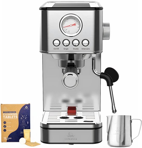 LunaSea's RVS Pistonmachine - Espressomachine - 20 Bar - 1.8L Waterreservoir - Kopjesverwarmer - Inclusief Melkopschuimkan en Ontkalkingstabletten