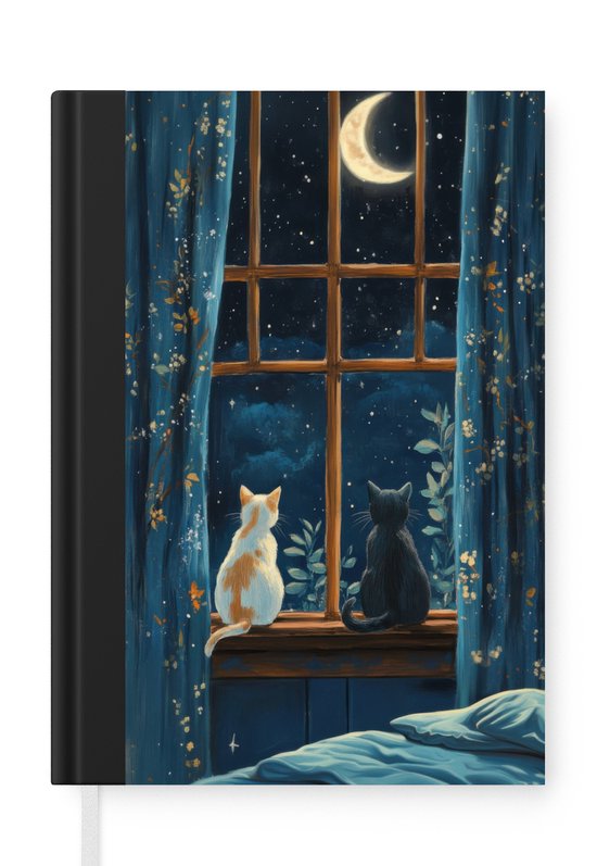 Notitieboek - Schrijfboek - Kat - Sterrenhemel - Blauw - Notitieboekje klein - A5 formaat - Schrijfblok