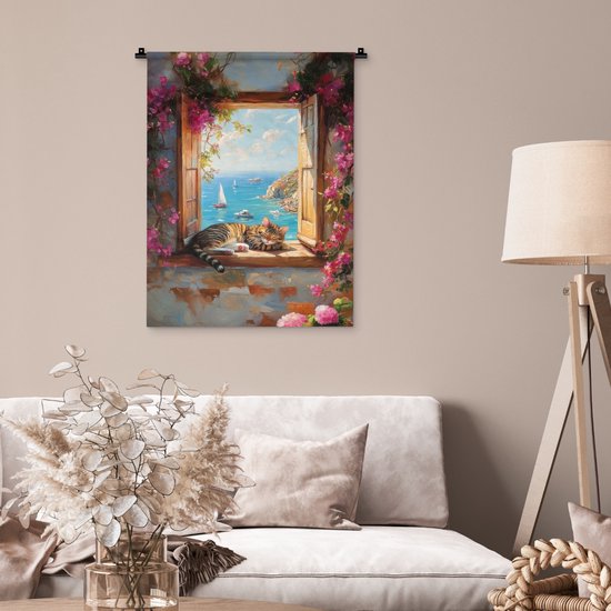 Wandkleed 60x80 cm - Wanddoek Kat - Blauwe zee - Roze bloemen - Wandtapijt - Wandkleden