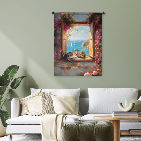 Wandkleed 60x80 cm - Wanddoek Kat - Blauwe zee - Roze bloemen - Wandtapijt - Wandkleden
