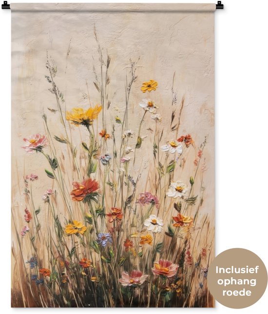 Tapisserie avec tableau de fleurs sauvages aux teintes chaudes, tige de suspension incluse.