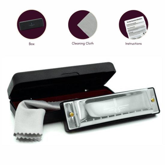 Mondharmonica C voor Volwassenen en Kinderen - Instructieblad - Metallic Silver Blues Harp