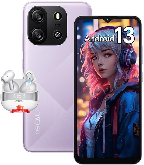 Oscal Flat 1C Smartphone - 4GB RAM 32GB ROM - Android 13 - 4700 mAh - Dual SIM 4G - GPS - Paars met Bluetooth-headset Oscal Hibuds 6 Wit
