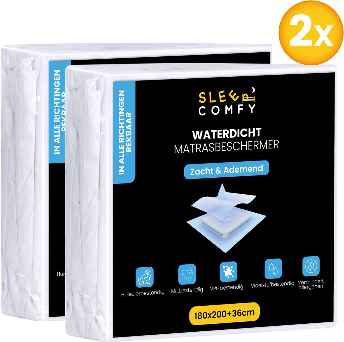 Sleep Comfy - 2 stuks Waterdicht Matrasbeschermer | 180x200 cm - Moltons - Hoeslakenbadstof - Antibacteriëel - Rondom Elastiek - Wit - Waterdichte Matras Beschermer - Incontinentie Matrasbeschermer