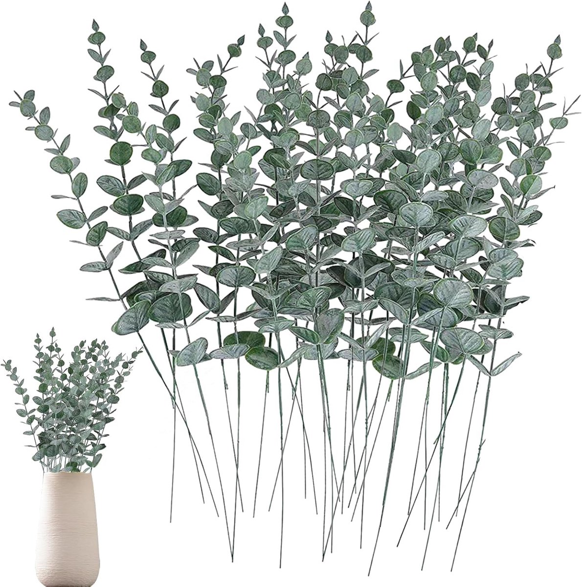 30 stuks gedroogde eucalyptus-decoratie, eucalyptus kunstzijden bloemen, planten, eucalyptustakken, boeket, slinger, decoratieve tak, voor tafelstuk, feest, bruiloft (wit-groen)