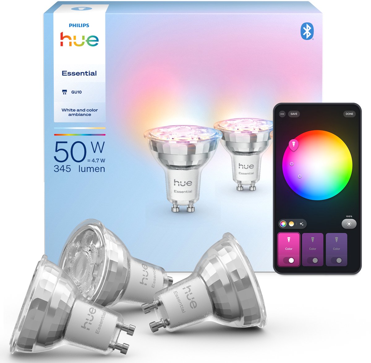 Philips Hue Essential Slimme LED GU10 Spotlight - Wit en gekleurd licht - 3-pack — afbeelding 1