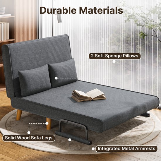 Donkergrijze slaapstoel uitgeklapt als bed, met houten poten en metalen armleuningen, met tekst over duurzame materialen.