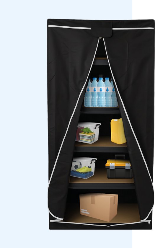 Housse de rangement noire avec fermeture éclair ouverte, montre 5 étagères remplies de bouteilles, boîtes et outils.