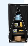 Housse de rangement noire avec fermeture éclair ouverte, montre 5 étagères remplies de bouteilles, boîtes et outils.