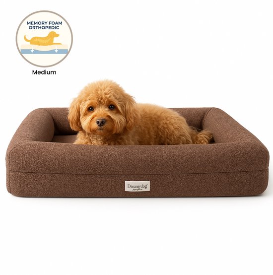 Dreamydog Hondenmand - Orthopedisch Hondenkussen - Luxe Hondenbed - Wasbare Hondenmanden - Orthopedische Hondenmand 100 cm - Waterdichte Hondensofa - Boucle Bruin - Medium (L94 x B74 x H20)