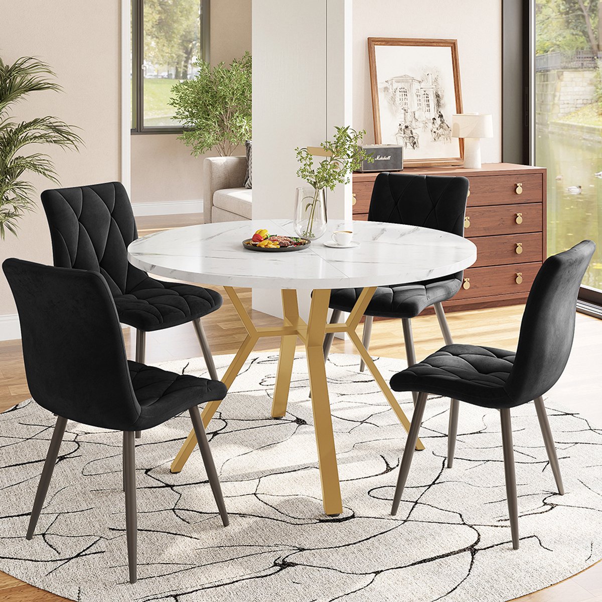 Pugsdrly Eettafel set, tafel en stoelen set (5 stuks), moderne en eenvoudige tafel en stoelen set, rond, van marmer, tafelpoten van verguld metaal + 4 ergonomische fluwelen stoelen, zwarte eetkamerstoelen