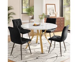 Pugsdrly Eettafel set, tafel en stoelen set (5 stuks), moderne en eenvoudige tafel en stoelen set, rond, van marmer, tafelpoten van verguld metaal + 4 ergonomische fluwelen stoelen, zwarte eetkamerstoelen