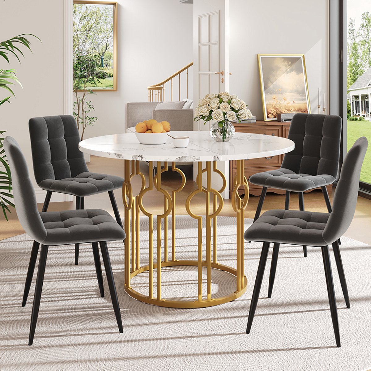 Pugsdrly Eettafelset (5-delig), eettafelset met 4 stoelen, keukentafelset, ronde eettafel met een diameter van 100 cm en goudkleurige metalen poten, wit MDF-blad, eetkamerstoelen van donkergrijs fluweel