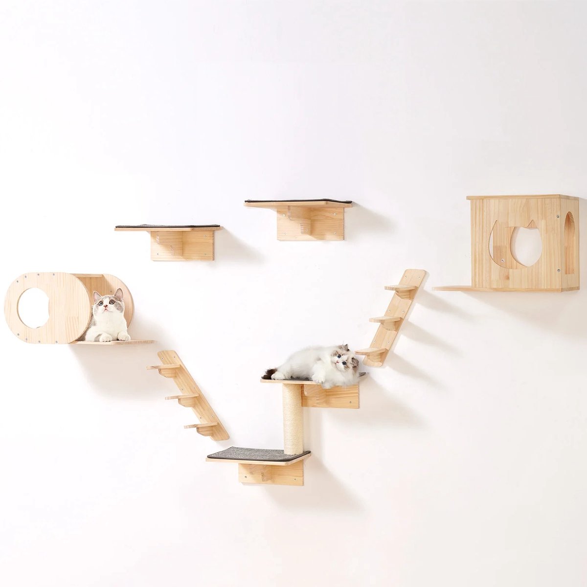 Kattenwand – Klimmuur- Wandgemonteerd - Kattenplanken - Plankjes - Klim - Set van massief hout – Incl. Hangmatten - Springplanken - Kattenhuis - Krabpaal – Draagkracht 18 kg – Natuurlijk grenen – Ruimtebesparend - Stijlvol design