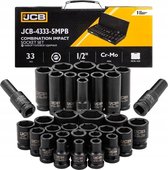 JCB - Jeu de douilles à chocs - Jeu de douilles à chocs profondes 1/2" - 33 pièces - Profondes et standard, 6 pans, acier CR-Mo, usage intensif